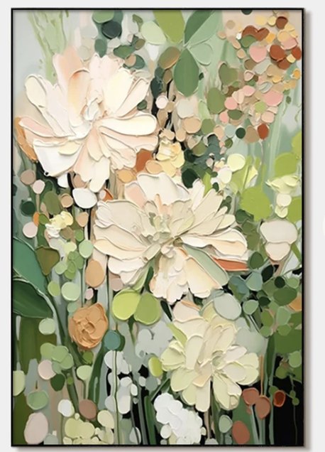 Floral artwork with ivory flowers, sage foliage and soft peach accents, displayed in a slim dark frame