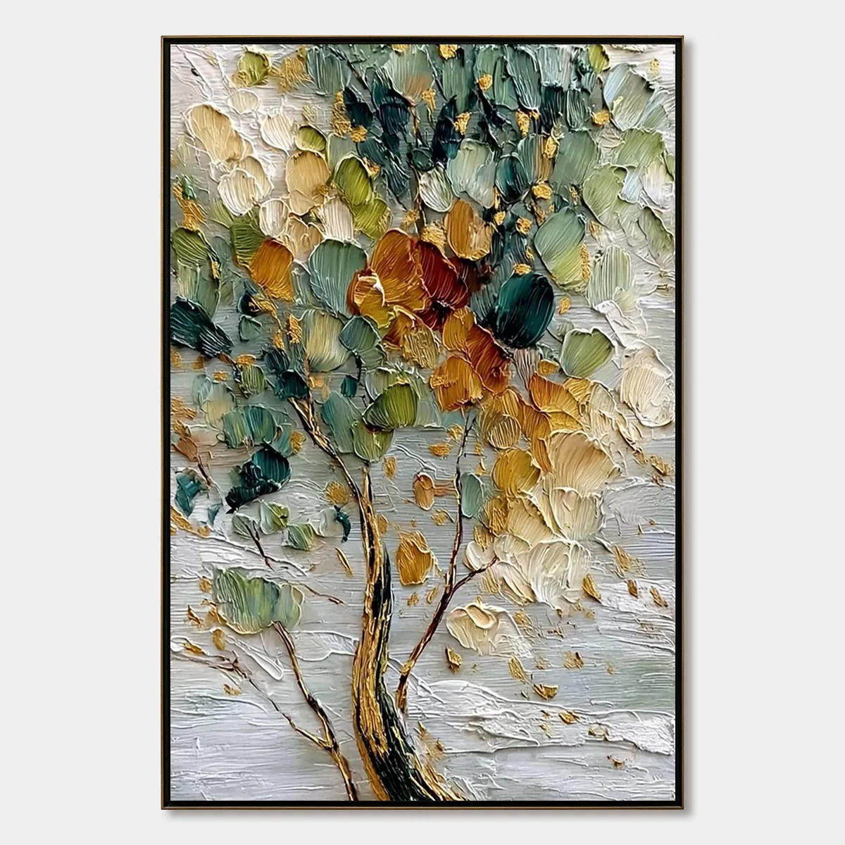 Emerald Jewel Tree: Textured Green and Gold Tree Oil Painting — oil painting design reference