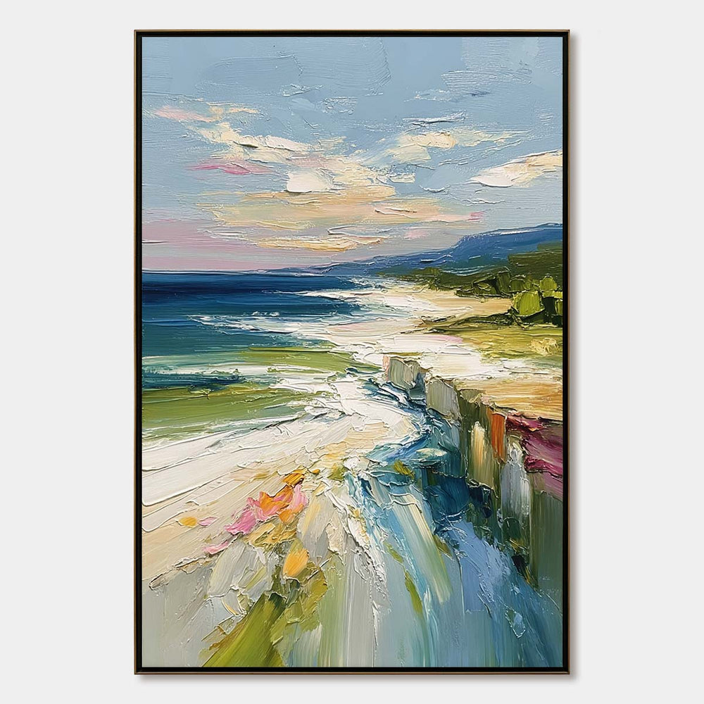 Coastal Embrace: Blue and Green Impasto Seascape Oil Painting — oil painting design reference