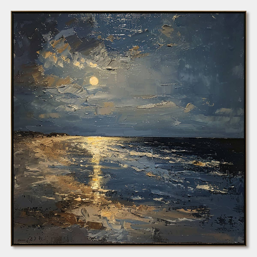 Moonlit Serenity: Square Coastal Night Oil Painting — oil painting design reference