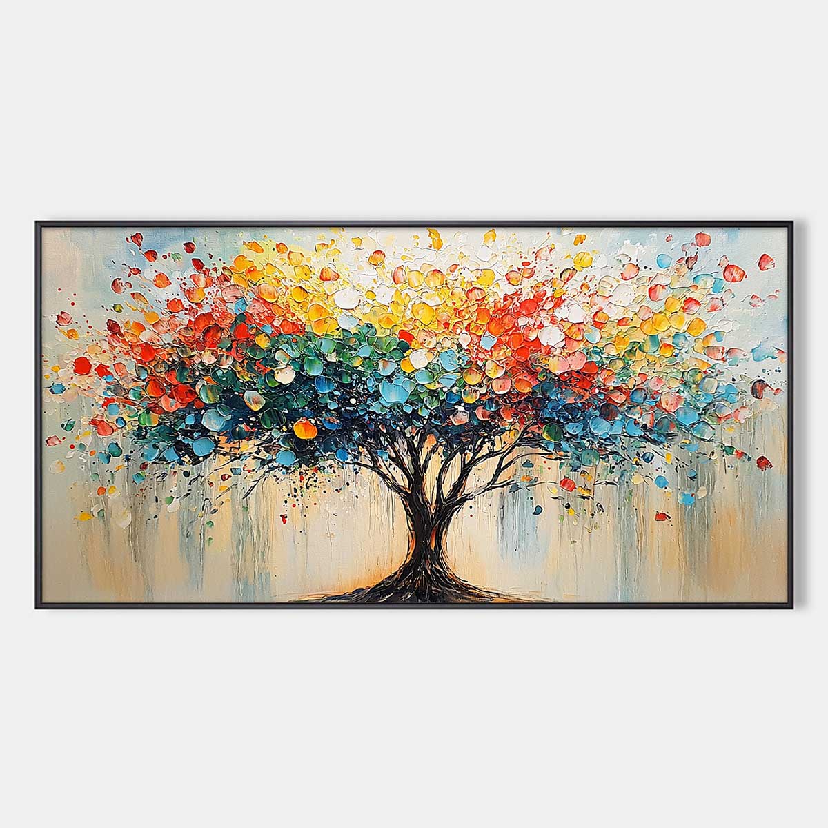 Rainbow Burst: Textured Colourful Tree of Life Oil Painting — oil painting design reference