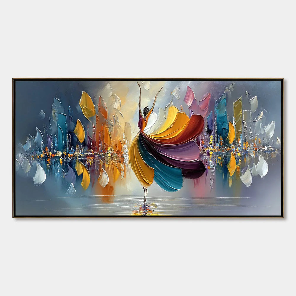Urban Rhapsody: Colourful Dancer and Cityscape Oil Painting — oil painting design reference