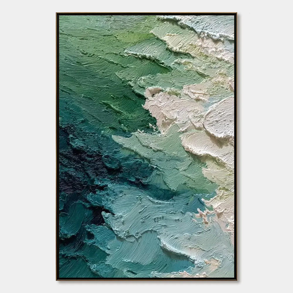 Emerald Tide: Textured Green Wabi Sabi Seascape Oil Painting — oil painting design reference