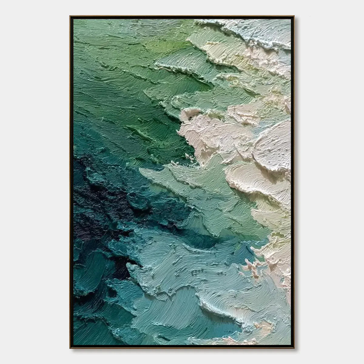 Emerald Tide: Textured Green Wabi Sabi Seascape Oil Painting — oil painting design reference