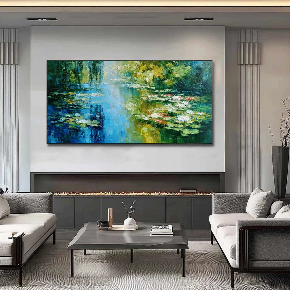 LILY POND REVERIE — painting reference image 2. Room styling and framing are illustrative.