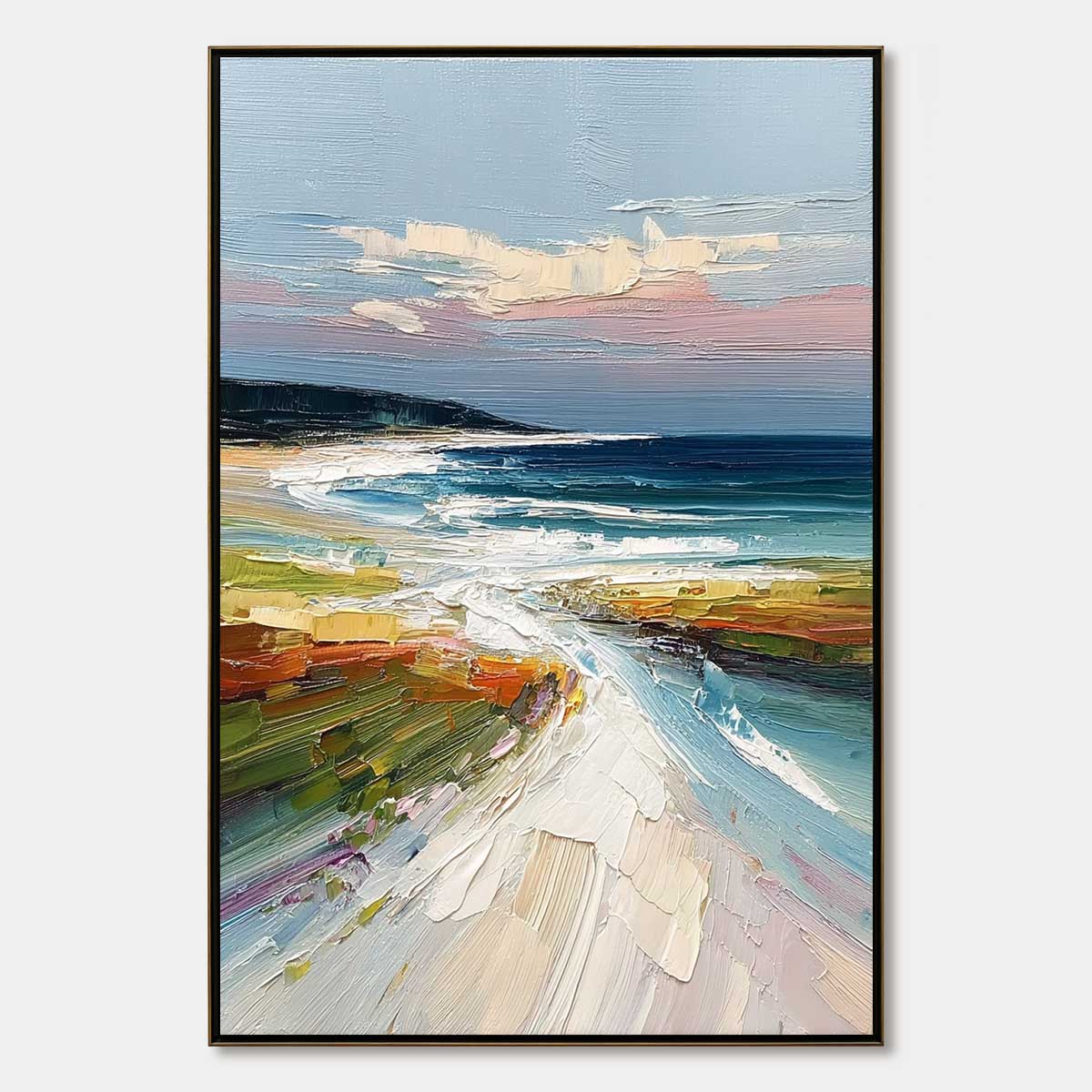 Coastal Embrace: Ivory Shore Impasto Seascape Oil Painting — oil painting design reference