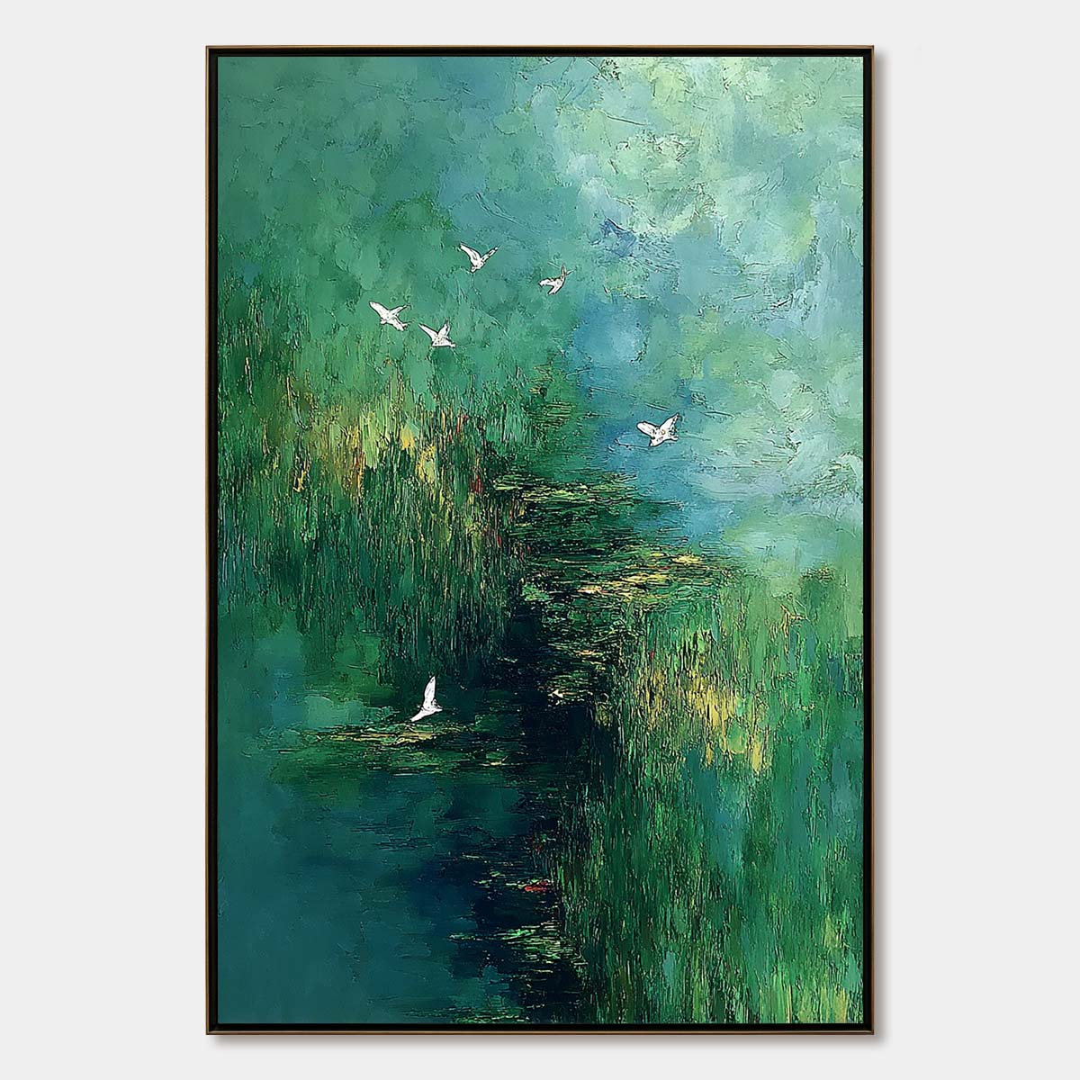 Verdant Sanctuary: Green Forest and Flying Birds Oil Painting — oil painting design reference