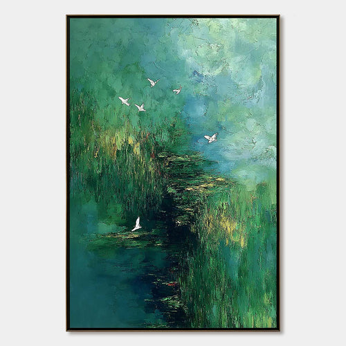 Verdant Sanctuary: Green Forest and Flying Birds Oil Painting — oil painting design reference