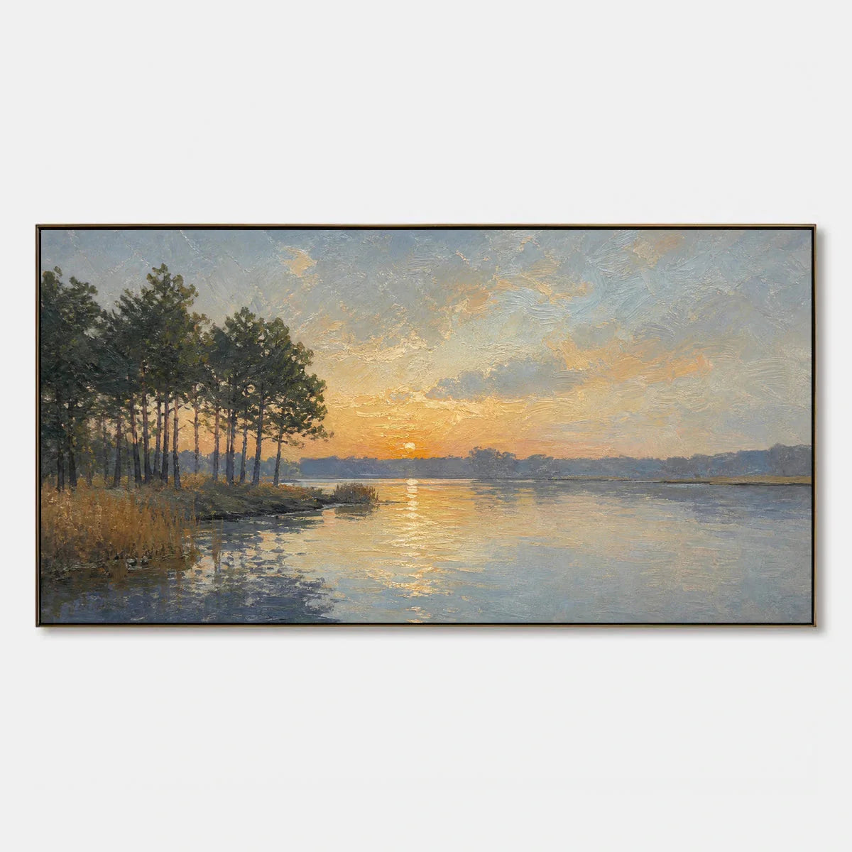 Lakeside Golden Hour: Quiet Sunset Landscape Oil Painting — oil painting design reference