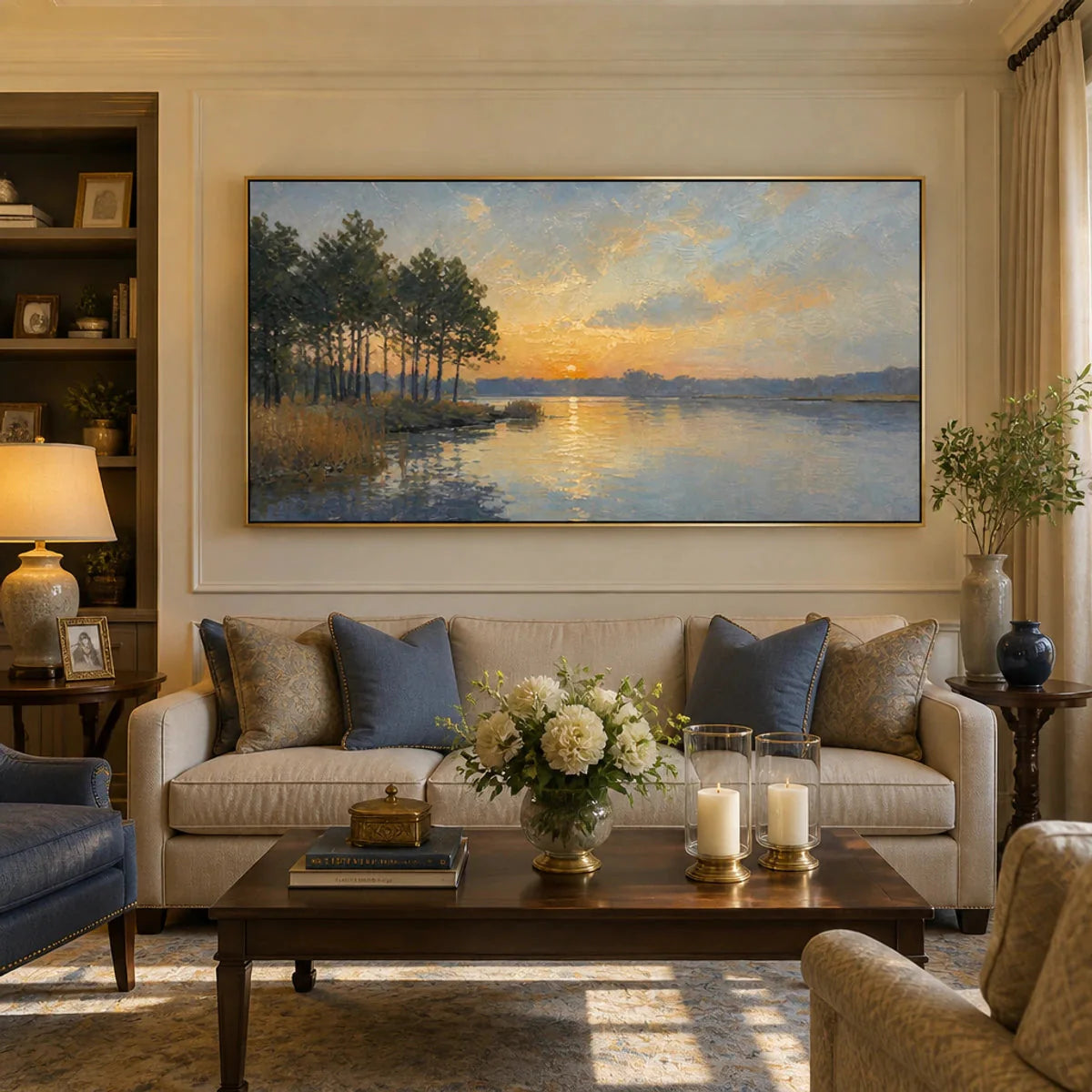 LAKESIDE GOLDEN HOUR — painting reference image 2. Room styling and framing are illustrative.