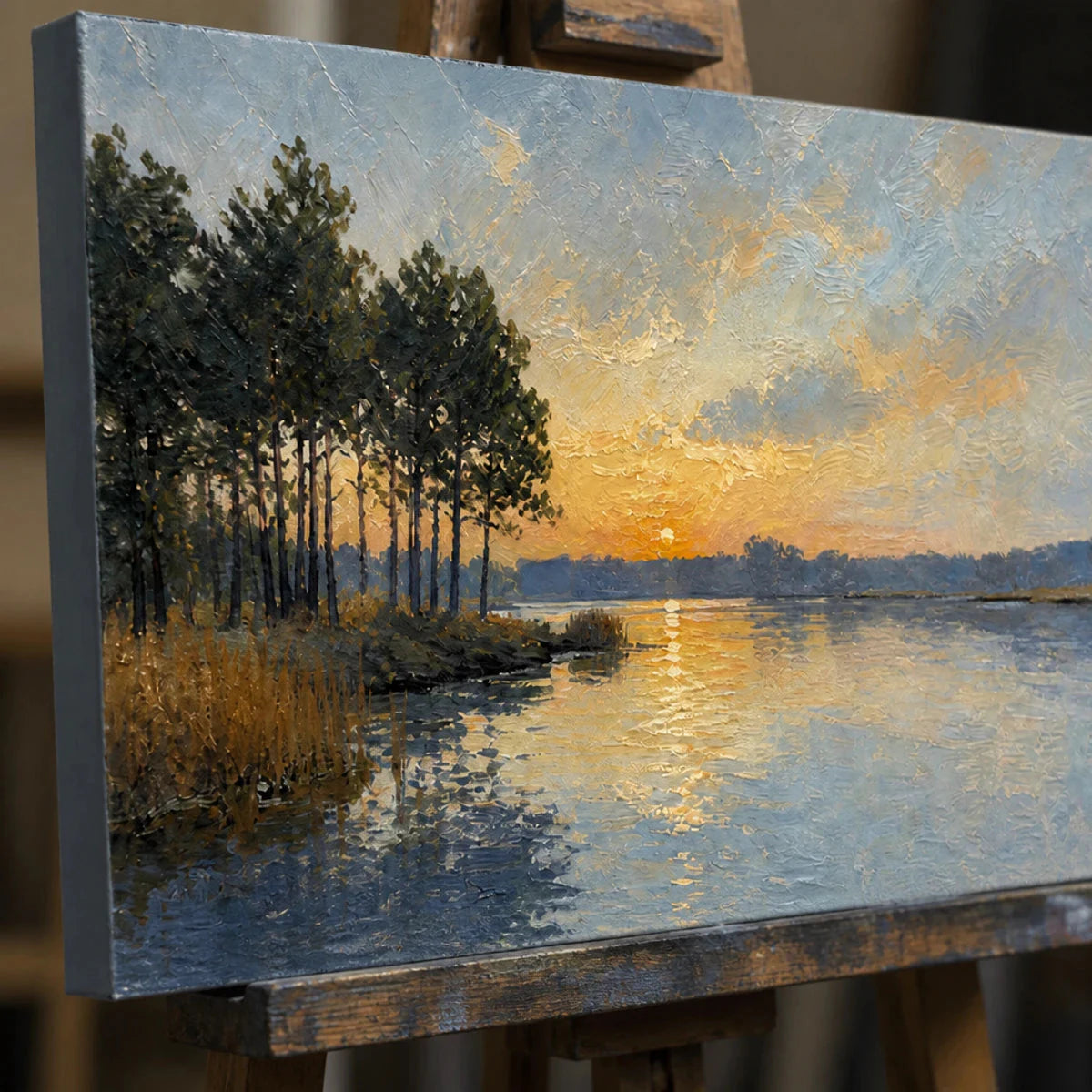 LAKESIDE GOLDEN HOUR — painting reference image 3. Room styling and framing are illustrative.