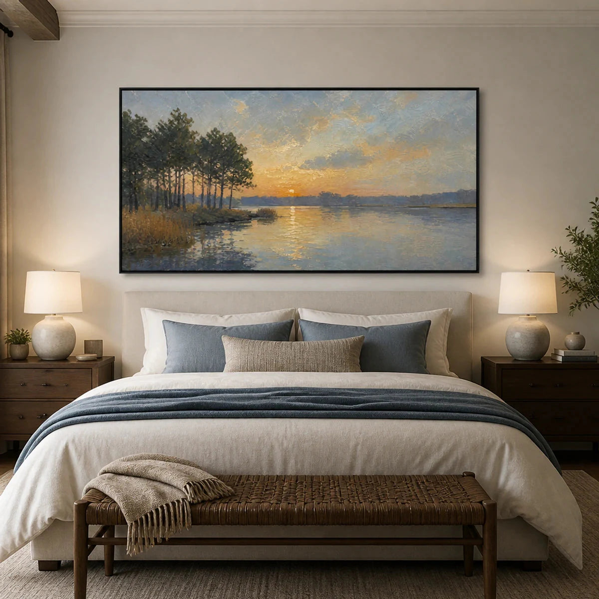 LAKESIDE GOLDEN HOUR — painting reference image 4. Room styling and framing are illustrative.