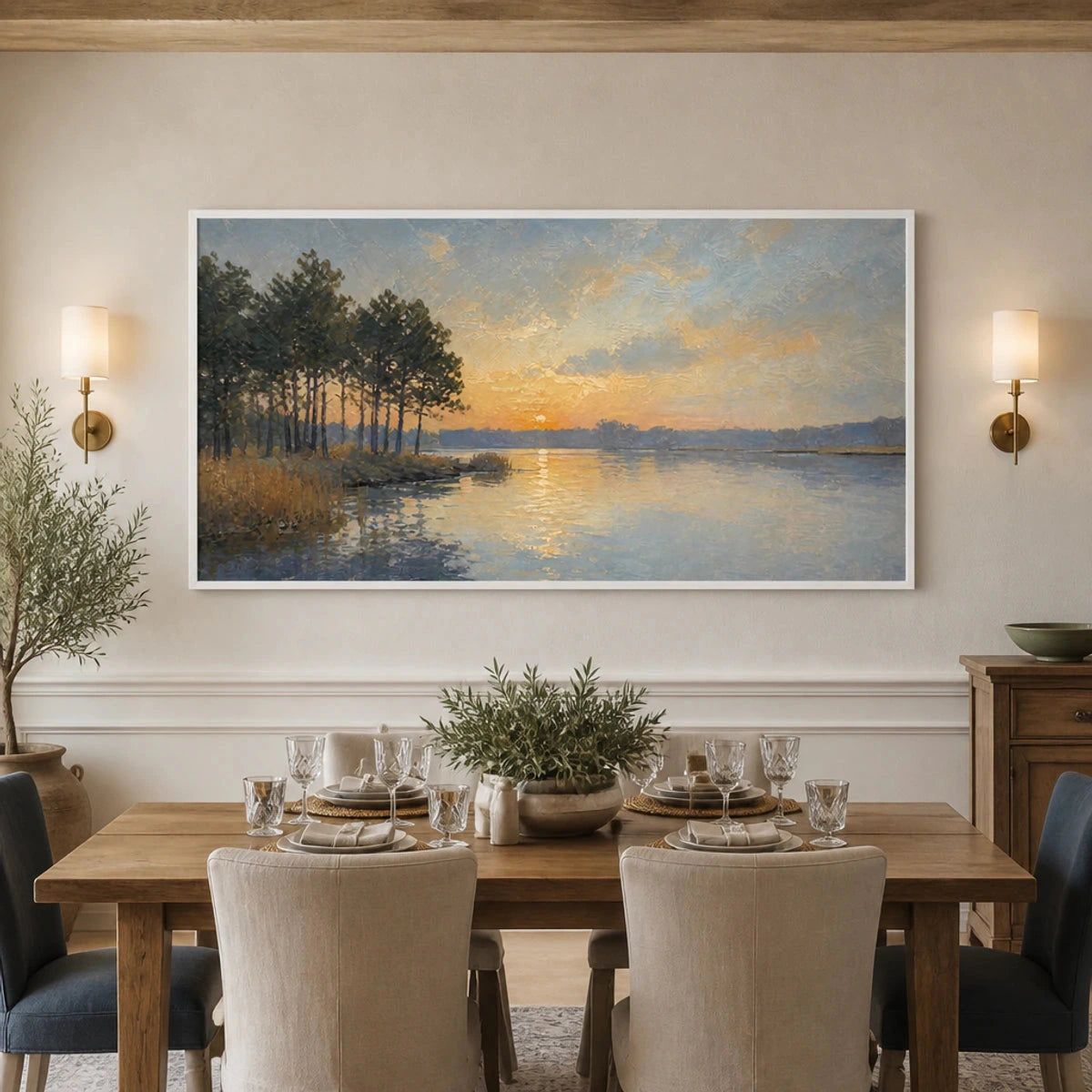 LAKESIDE GOLDEN HOUR — painting reference image 5. Room styling and framing are illustrative.