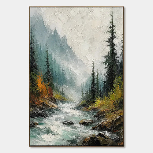 Evergreen Rush: Misty Mountain Stream Oil Painting — oil painting design reference