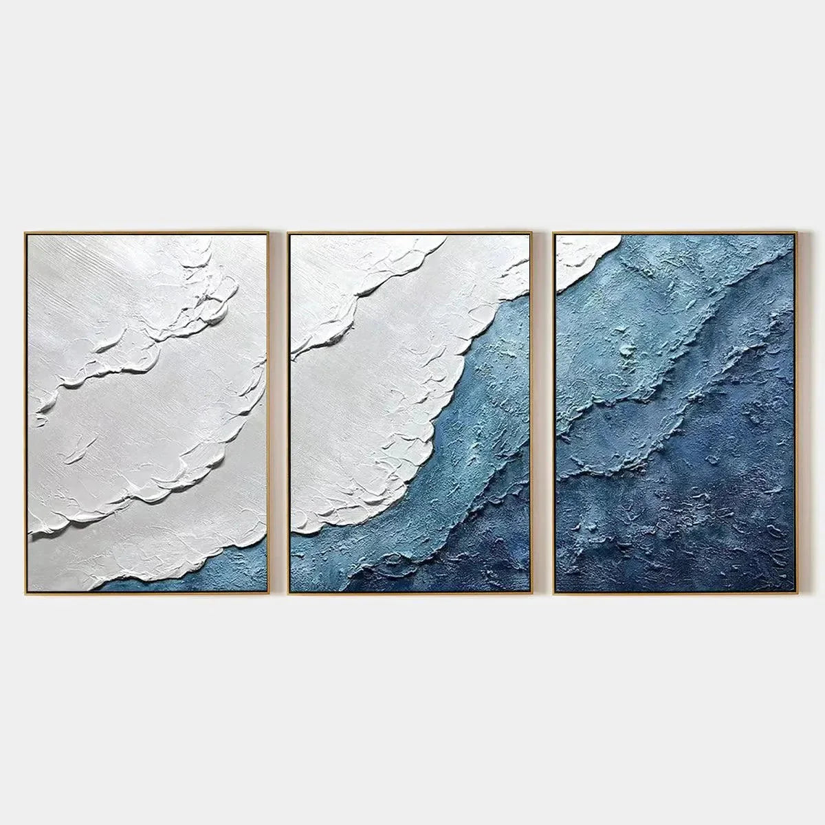 Three-panel textured seascape painting reference with flowing ivory coastline and blue water