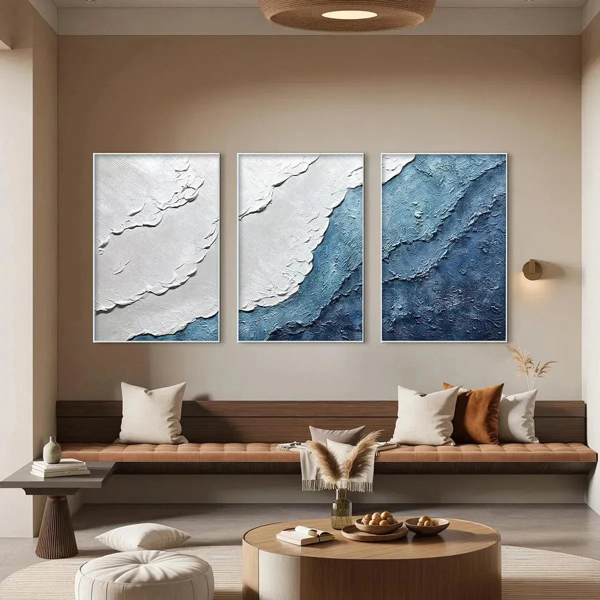 Textured Oceanscape: Blue and Ivory Triptych Oil Painting Set of 3 — reference gallery image 2. Room styling and framing are illustrative.