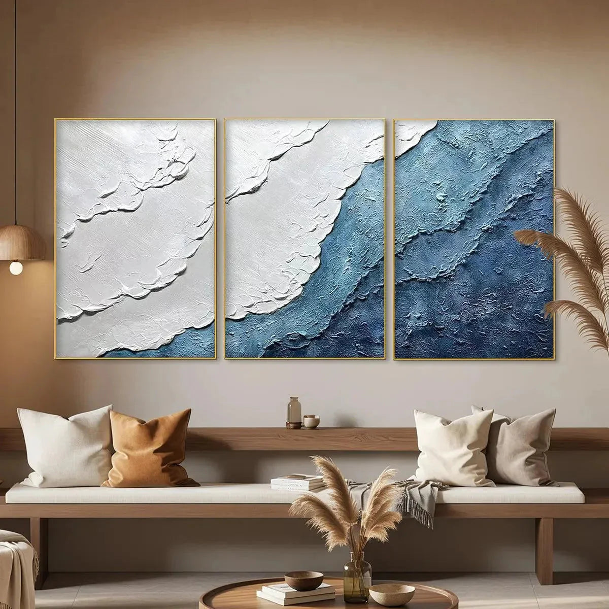 Textured Oceanscape: Blue and Ivory Triptych Oil Painting Set of 3 — reference gallery image 5. Room styling and framing are illustrative.