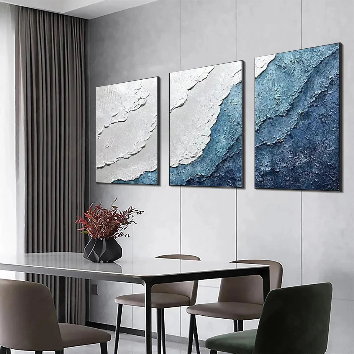 Textured Oceanscape: Blue and Ivory Triptych Oil Painting Set of 3 — reference gallery image 8. Room styling and framing are illustrative.