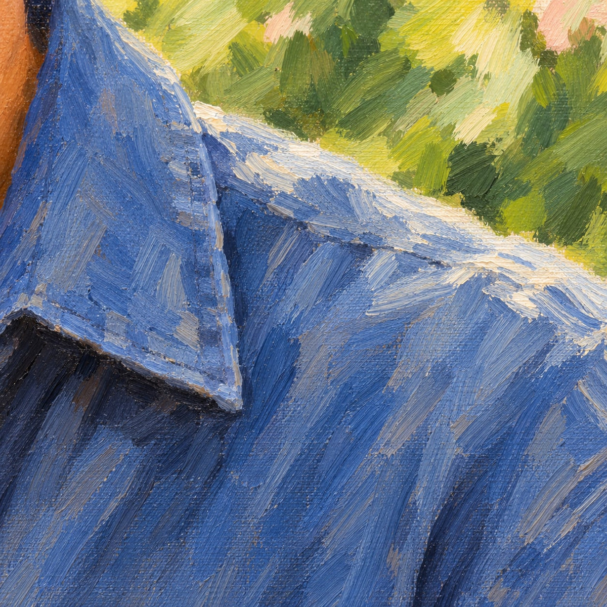 AI-generated illustrative people fabric oil-paint brushwork detail — not a customer commission