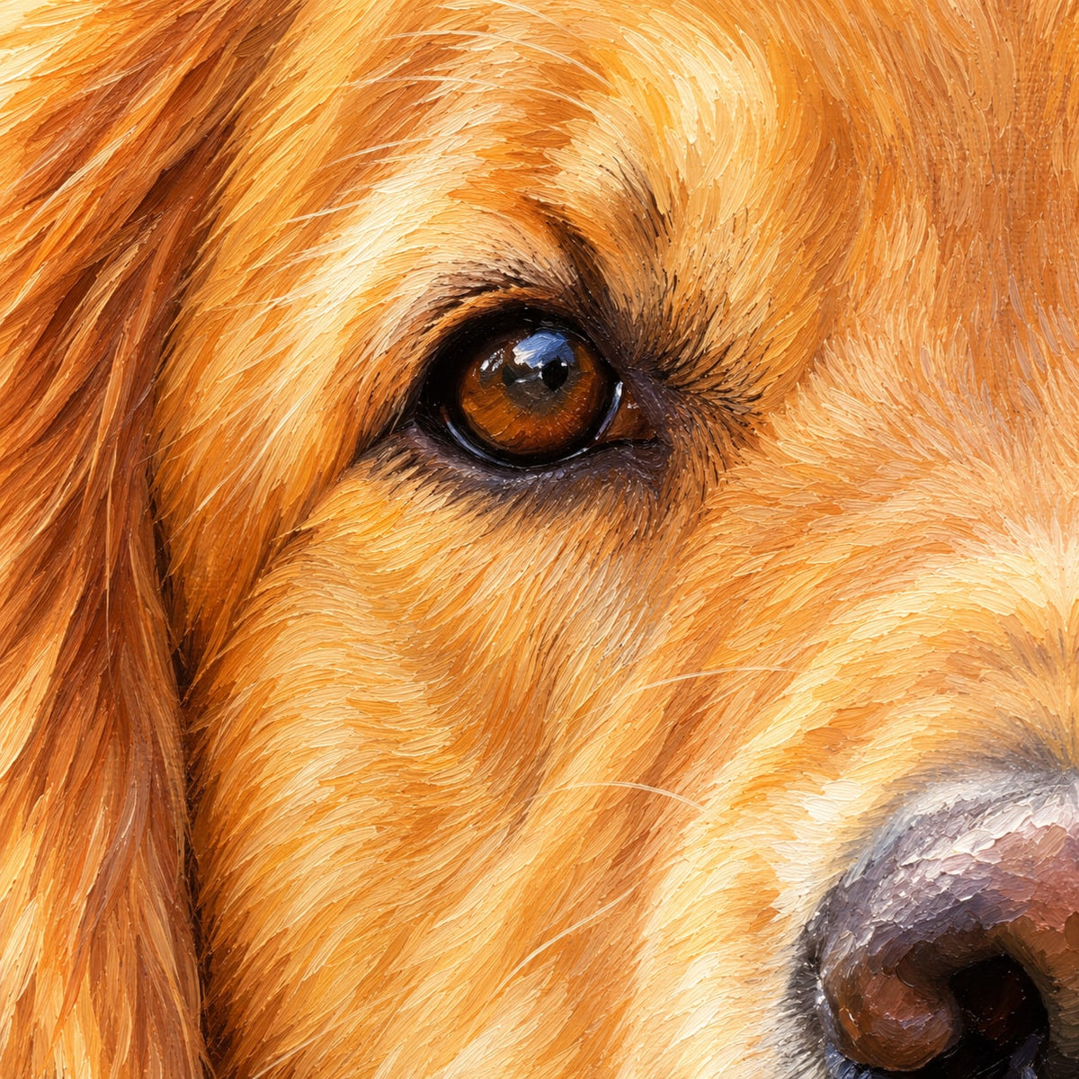 AI-generated illustrative pet face oil-paint brushwork detail — not a customer commission