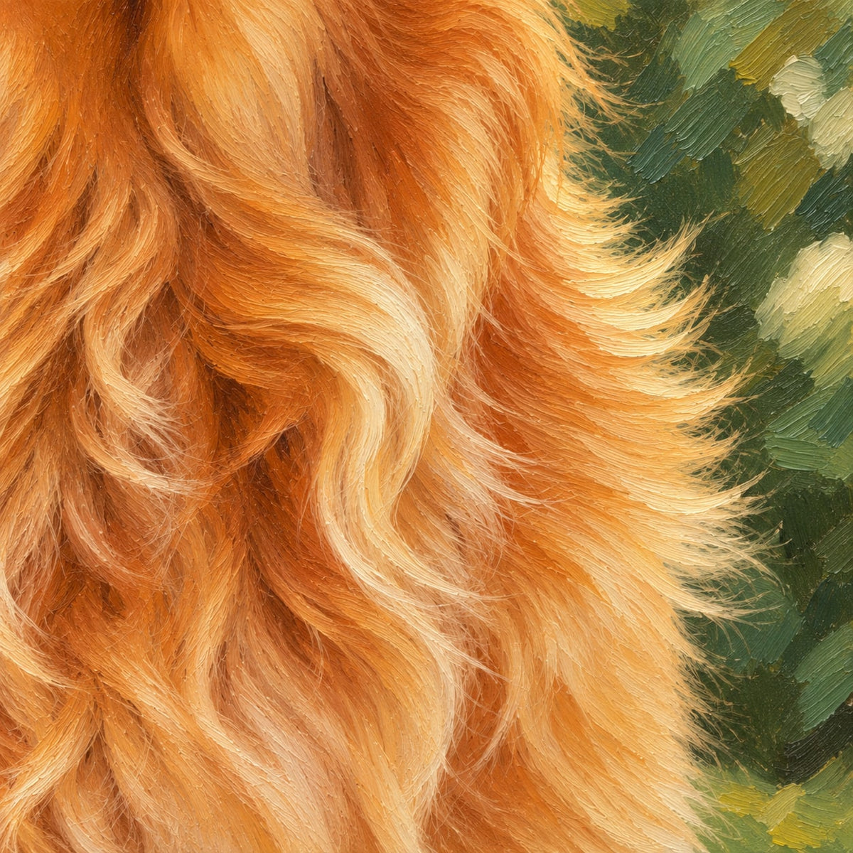 AI-generated illustrative pet fur oil-paint brushwork detail — not a customer commission