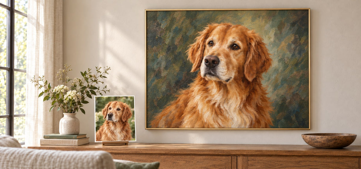 Illustrative pet photograph standing on a console beside its matching oil portrait hanging on the wall — illustrative example, not a customer commission