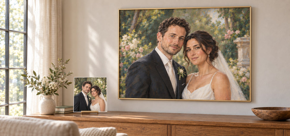 Illustrative wedding photograph standing on a console beside its matching oil portrait hanging on the wall — illustrative example, not a customer commission