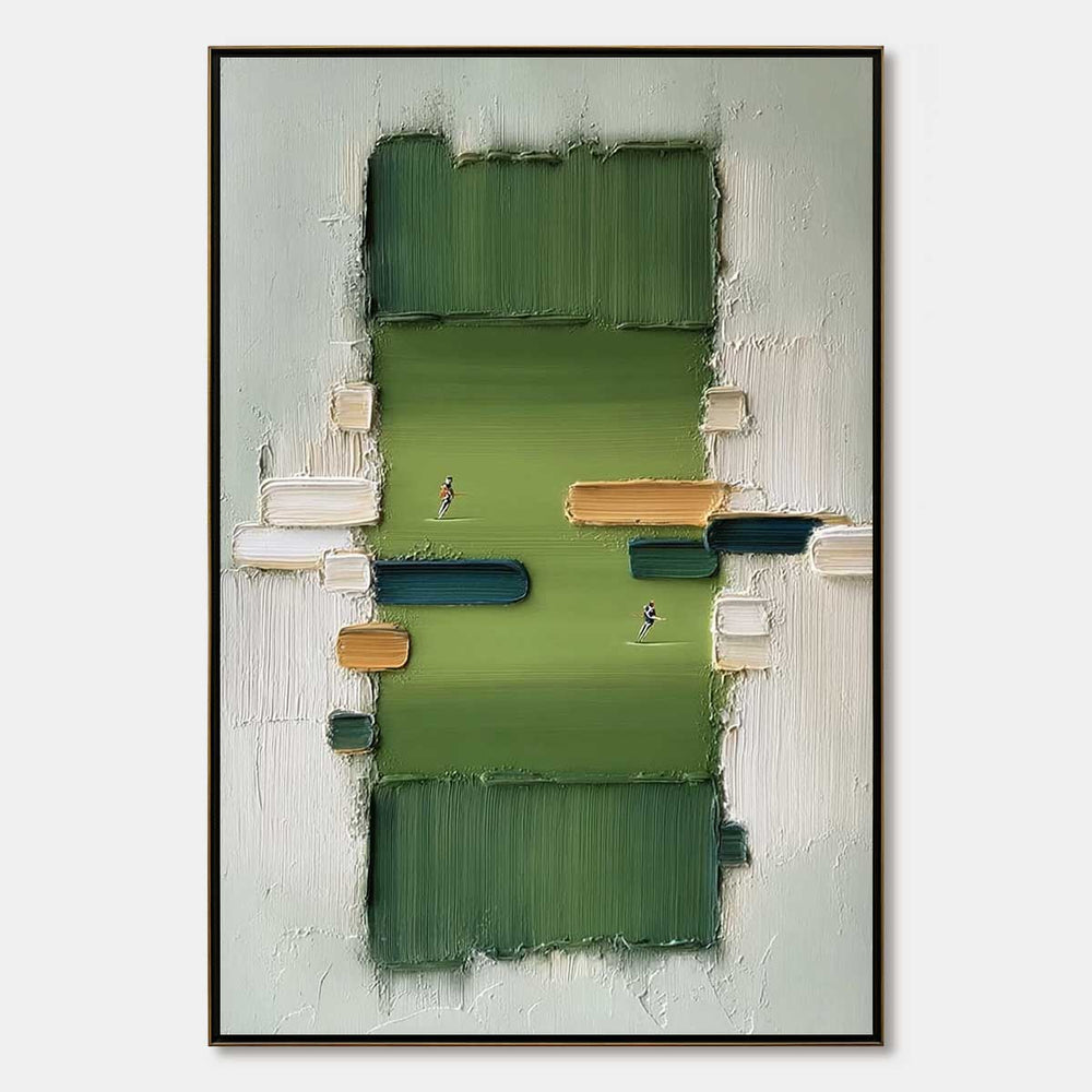 Vertical textured sports painting reference with tiny figures on a green field and raised ivory and ochre strokes