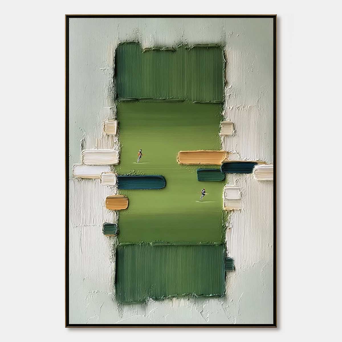 Vertical textured sports painting reference with tiny figures on a green field and raised ivory and ochre strokes