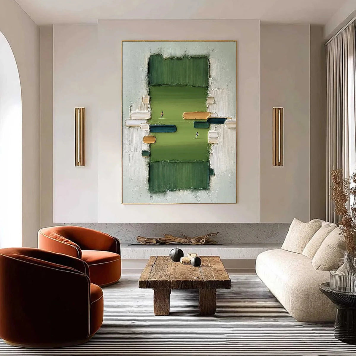 The Arena: Textured Minimalist Sports Oil Painting — reference gallery image 4. Room styling and framing are illustrative.