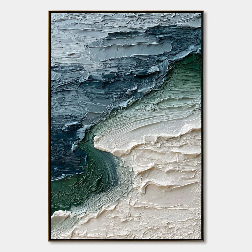 Vertical wabi sabi seascape painting reference with slate blue and deep green water meeting sculpted ivory shore