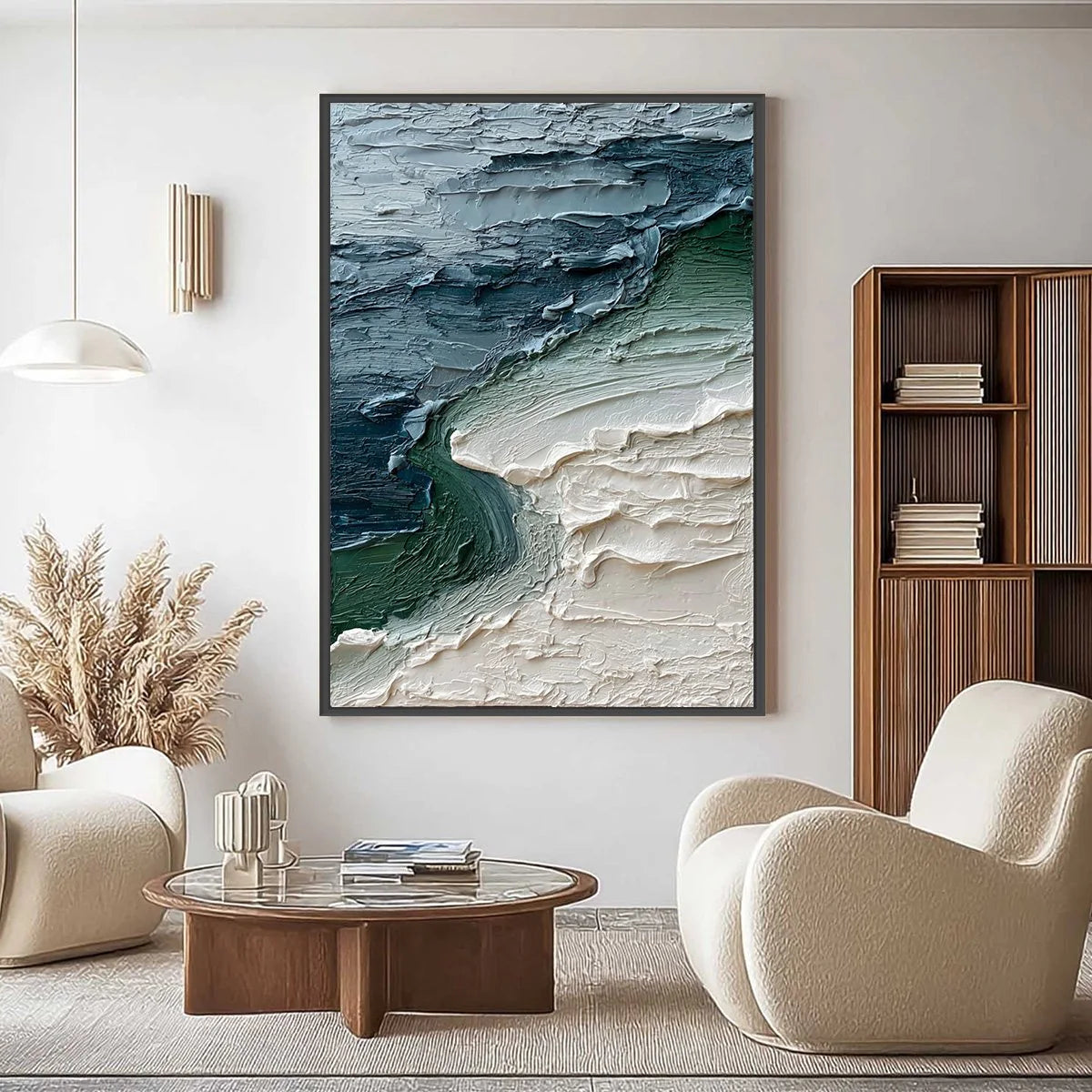 Tidal Convergence: Textured Wabi Sabi Seascape Oil Painting — reference gallery image 2. Room styling and framing are illustrative.