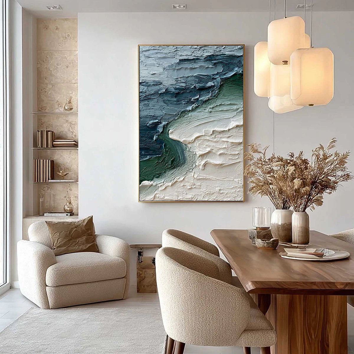 Tidal Convergence: Textured Wabi Sabi Seascape Oil Painting — reference gallery image 4. Room styling and framing are illustrative.