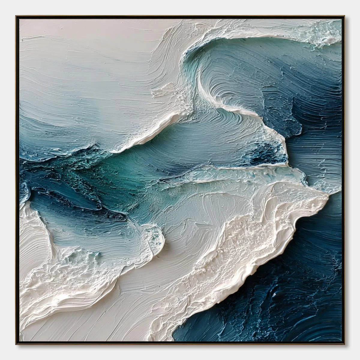 Square textured ocean wave painting reference with sweeping ivory surf and layered blue water