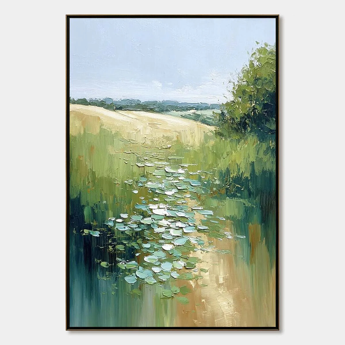 Vertical landscape painting reference showing a textured green meadow and pale sky