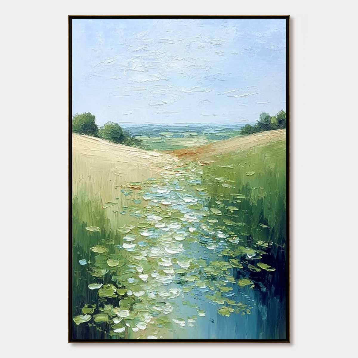 Vertical landscape painting reference with lily pads on a stream between green fields