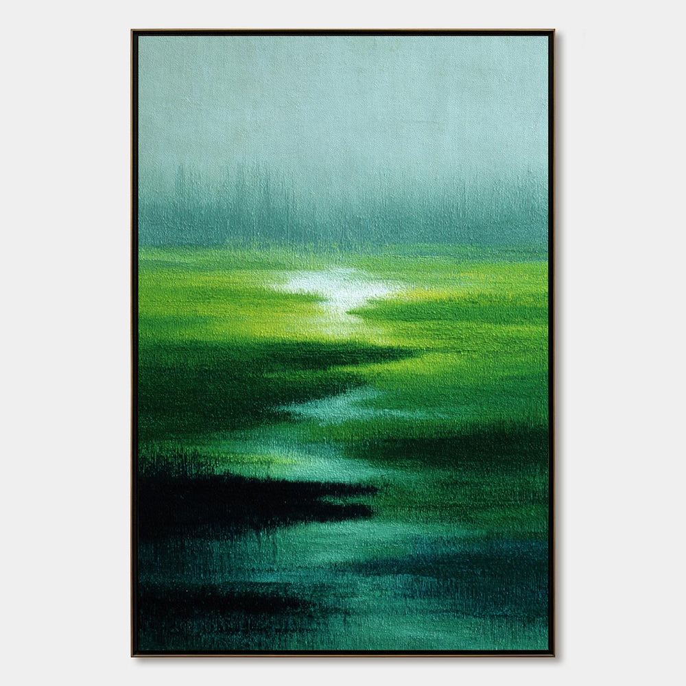 Vertical abstract landscape painting reference in green and blue with a winding waterway