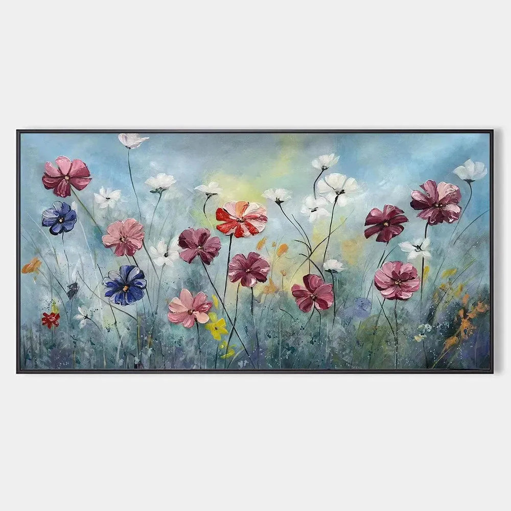 Horizontal floral painting reference with pink, burgundy, blue and ivory flowers against a softly textured blue-green background