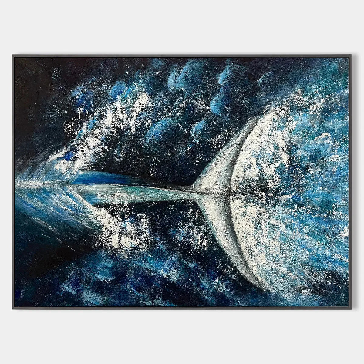 Horizontal ocean painting reference showing a whale tail amid textured blue water and white spray