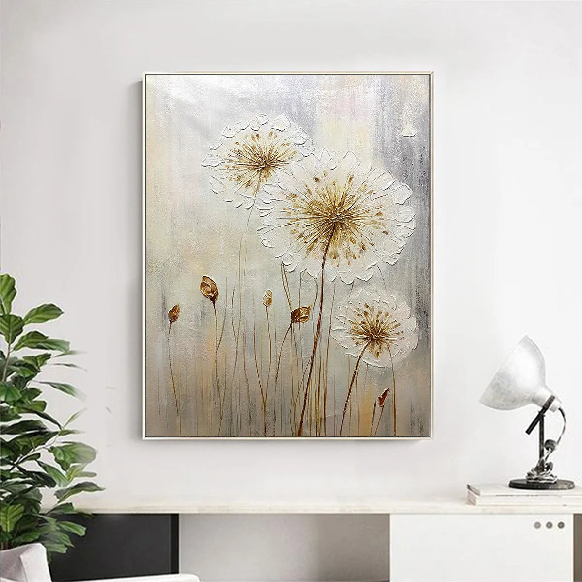Whispers of Gold: Textured Dandelion Oil Painting — reference gallery image 2. Room styling and framing are illustrative.