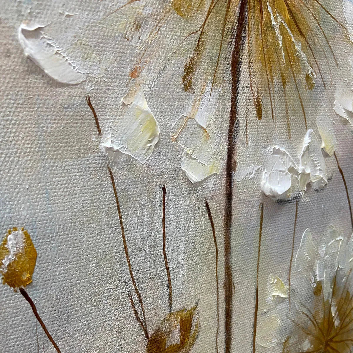 Whispers of Gold: Textured Dandelion Oil Painting — reference gallery image 4. Room styling and framing are illustrative.