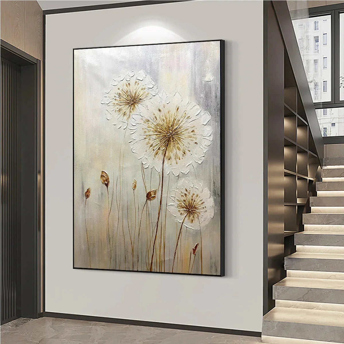 Whispers of Gold: Textured Dandelion Oil Painting — reference gallery image 5. Room styling and framing are illustrative.
