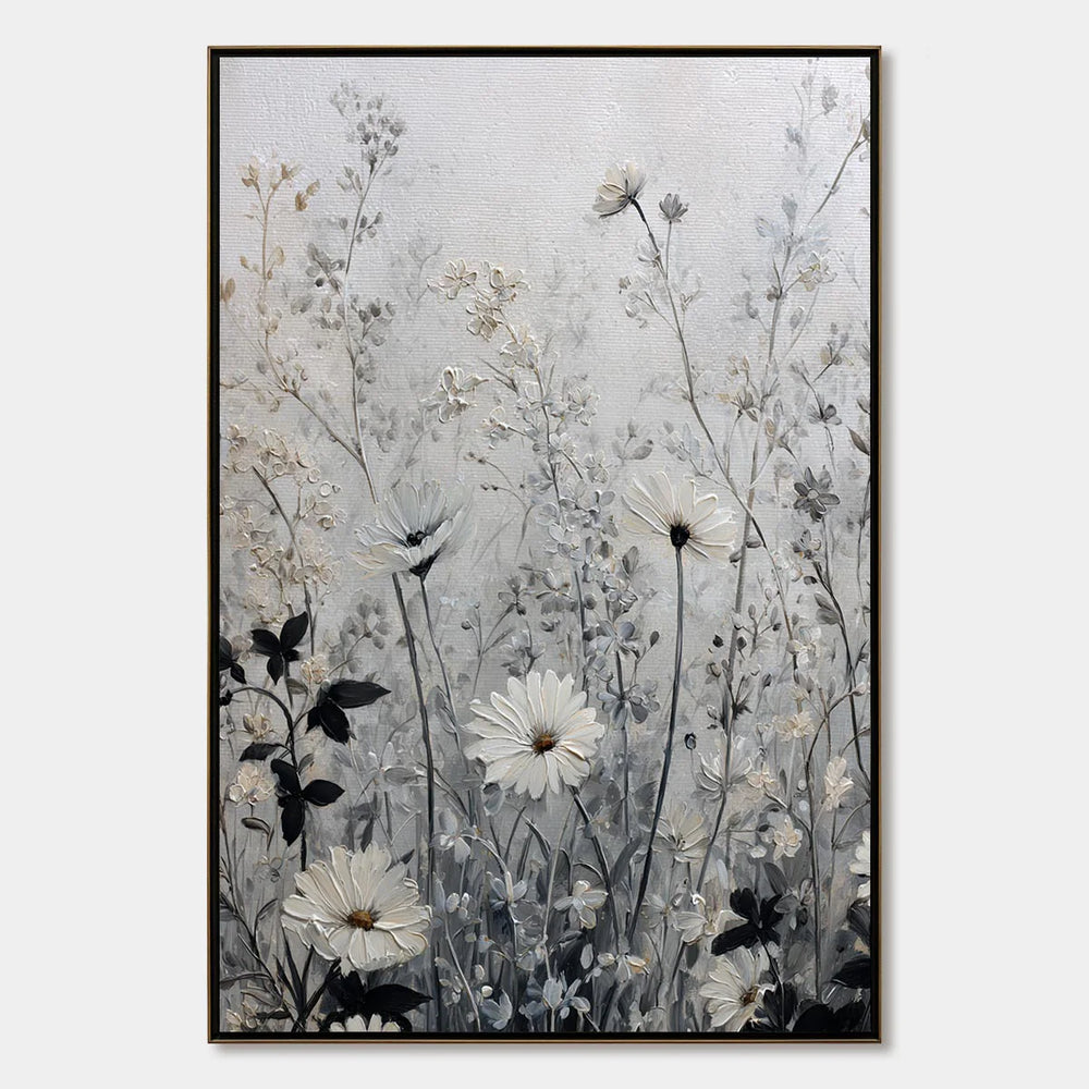 Vertical neutral floral meadow painting reference with ivory daisies, grey wildflower stems and charcoal foliage