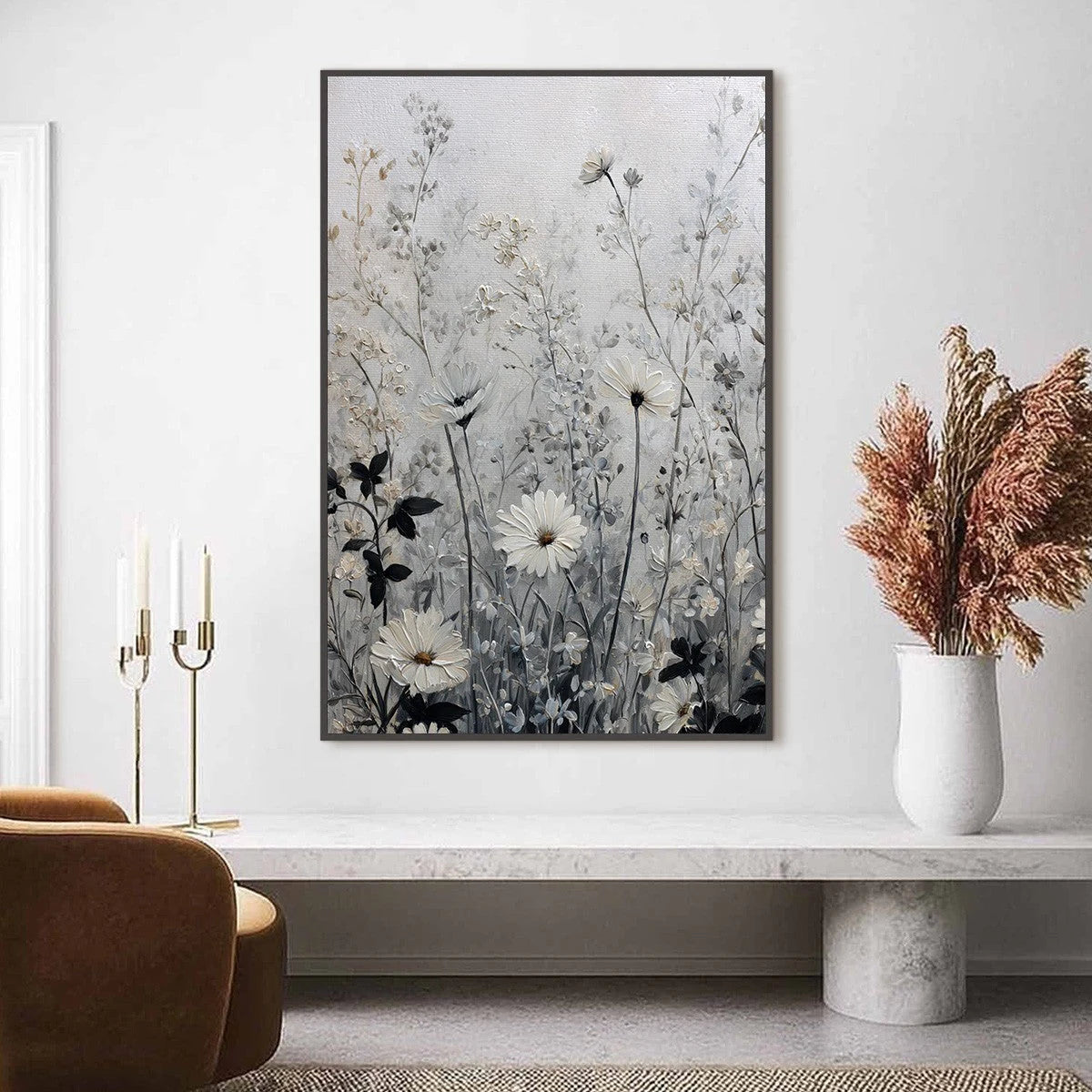 Whispers in the Meadow: Textured Neutral Floral Oil Painting — reference gallery image 2. Room styling and framing are illustrative.