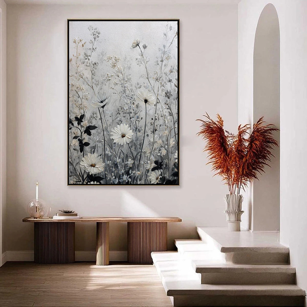 Whispers in the Meadow: Textured Neutral Floral Oil Painting — reference gallery image 4. Room styling and framing are illustrative.