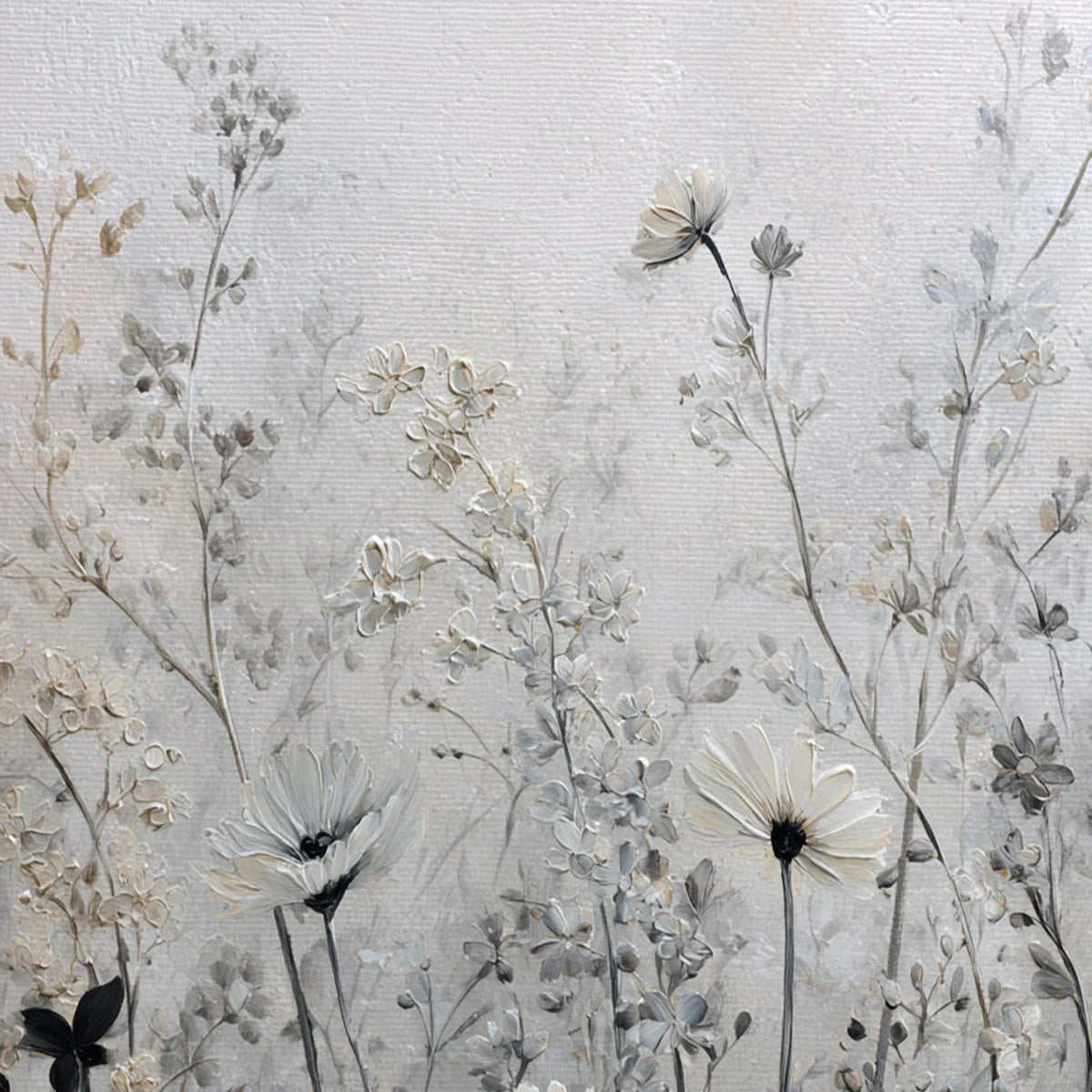 Whispers in the Meadow: Textured Neutral Floral Oil Painting — reference gallery image 5. Room styling and framing are illustrative.